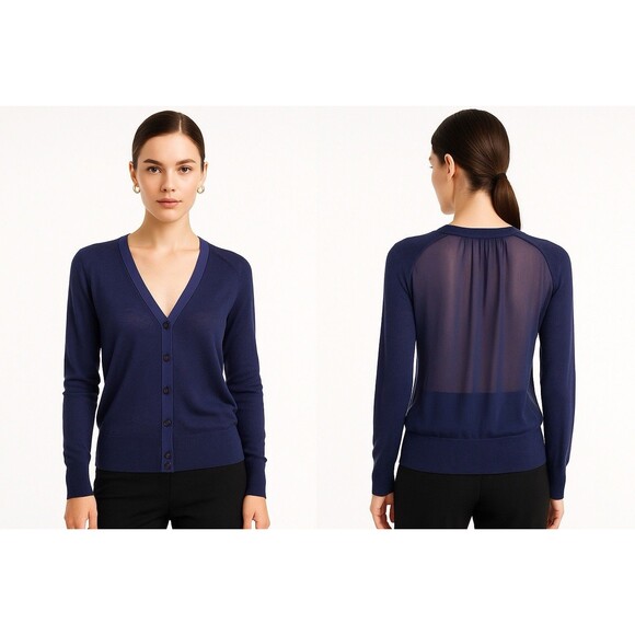 Luxury Silk Sheer Back Cardigan Navy Blue M Quiet Luxury Pendleton Chic. NWT - Picture 1 of 10